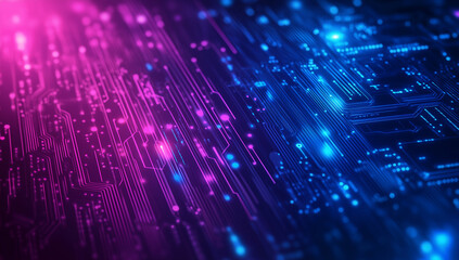 Abstract background with a neon blue and pink circuit board pattern in the style of digital technology, Generative AI