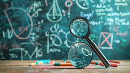Close-up of magnifying glasses in front of chalkboard drawings