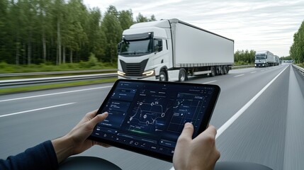 A truck driver stands by a vehicle, interacting with a tablet that displays transportation logistics and maps.