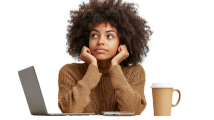 Thoughtful Woman Working at Desk With Laptop and Coffee