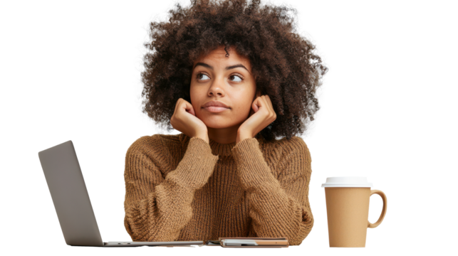 Thoughtful Woman Working at Desk With Laptop and Coffee