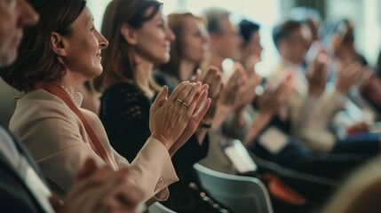 An attentive audience applauding during a conference, focused and engaged, reflecting the collective enthusiasm and appreciation of the event.