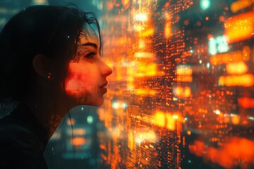 AI-controlled metropolis, digital architecture, futuristic society, neon holograms