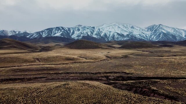 Vast steppes of Mendoza, Argentina, near the snow-covered Andes Mountains on a cold winter day. Aerial view.