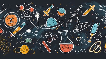 Space and science doodles with syringes on dark background