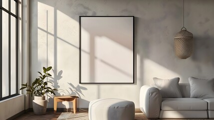 Minimalist Living Room with Single Empty Frame on Neutral Wall