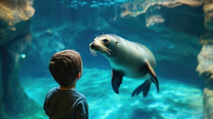 Fototapeta premium Young Boy Gazing at a Seal in an Aquarium