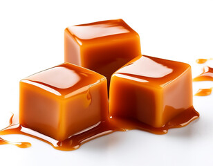 sweet caramel candy cubes topped with caramel sauce isolated on white background