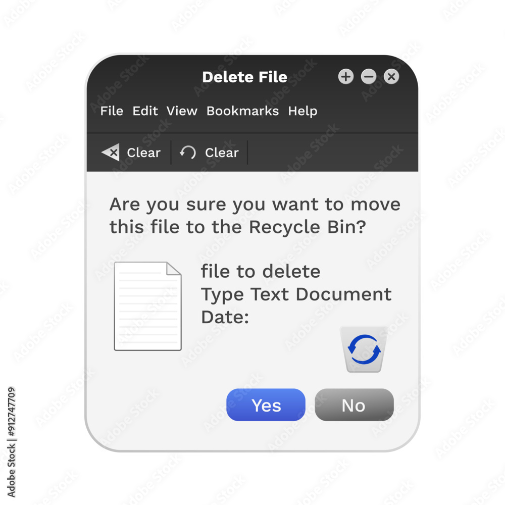 Poster recycling bin window with remove message. system app notification on desktop screen.
