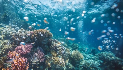 ai generative of view of coral reefs with various colors and bubbles in the water