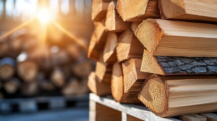 Stacks of firewood are organized on wooden pallets in a large indoor storage area, showcasing an efficient preparation for seasonal use