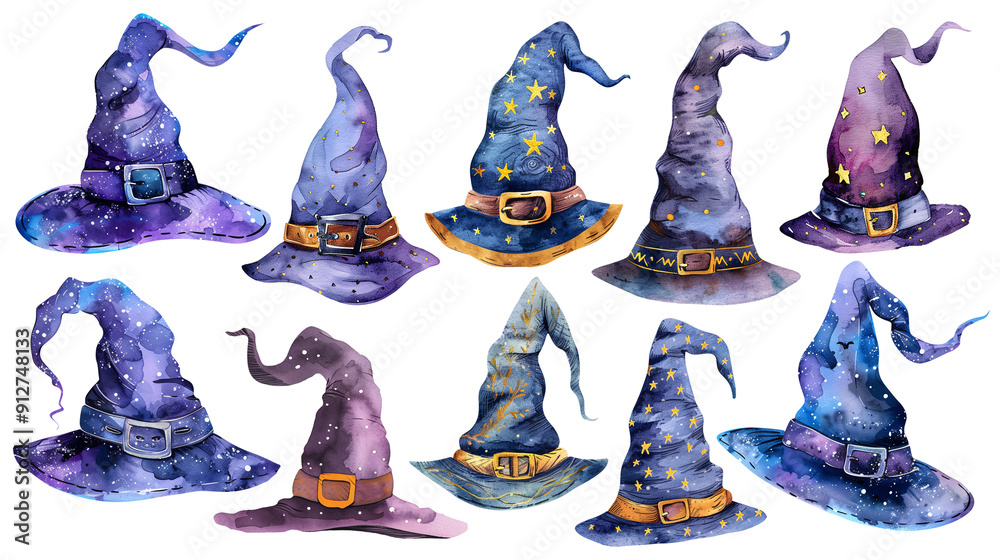 Wall mural Set of isolated Halloween wizard hat decoration elements in cute doodle hand-drawn watercolor illustration style on transparent background, Volume 2: Purple and blue color tone.