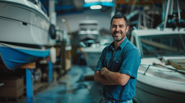 A smiling man in a boat workshop, surrounded by various boats and equipment, radiating pride and dedication to his craft.