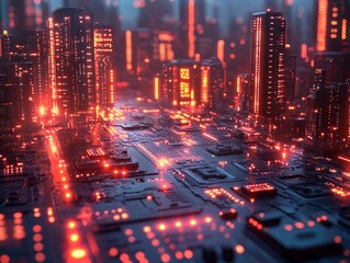 Obraz premium AI cityscape, innovative technology, futuristic infrastructure, holographic society