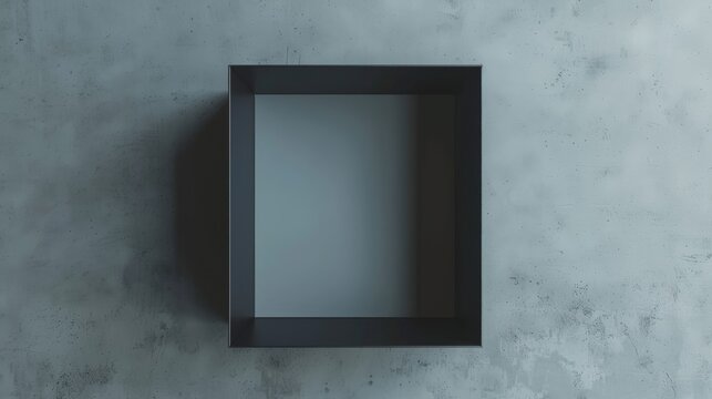 A dark, square shadow box mounted on a textured gray wall, casting subtle shadows.