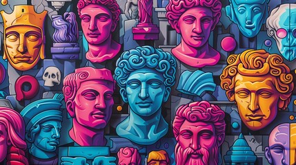 Detailed vibrant busts of historical figures in colors