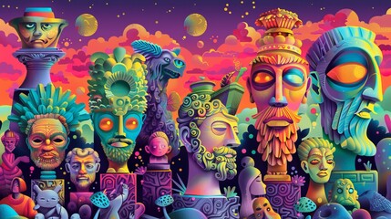 Vivid and surreal depiction of mythical statues at sunset