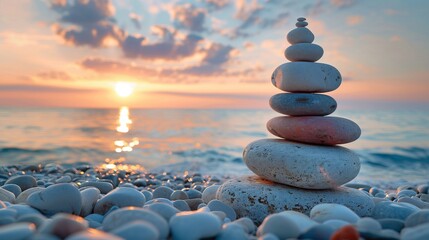 Obraz premium Graceful stone tower balancing at the ocean's edge