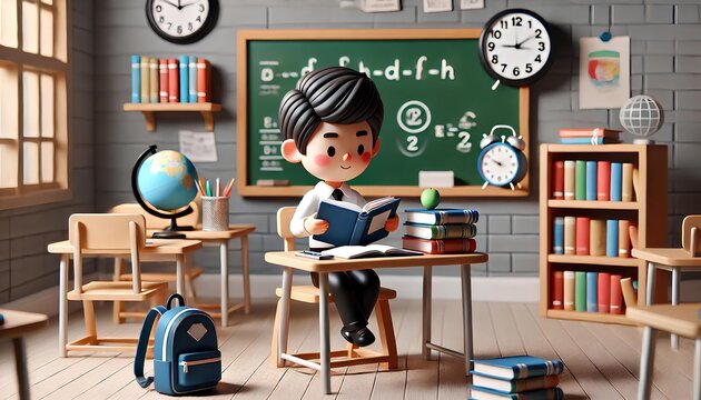 3D cartoon student reading at a classroom desk, with textbooks, notebook, pen, blackboard, clock, and backpack.