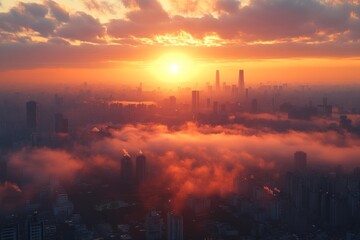 Sunrise over a bustling cityscape, Monday morning, fresh start to the week