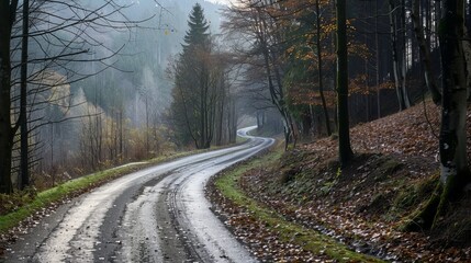 Fototapeta premium Long winding wet road in misty autumn season, forest view
