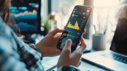 A person uses a smartphone to analyze financial graphs and data, showcasing technology's role in modern investment and trading.