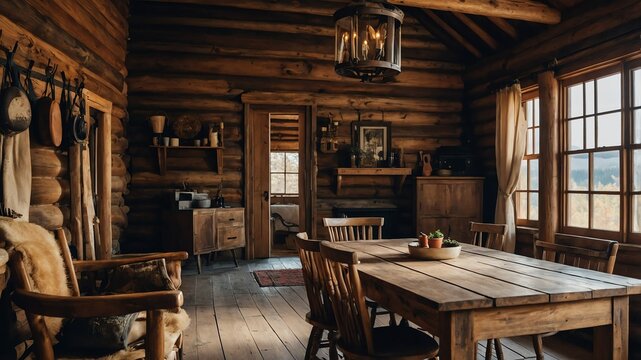 cabin with rustic wooden furniture background vintage retro concept backdrop