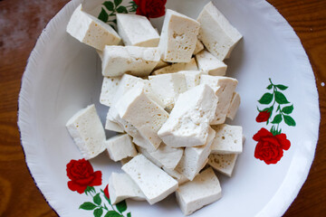 White tofu on the white bowl
