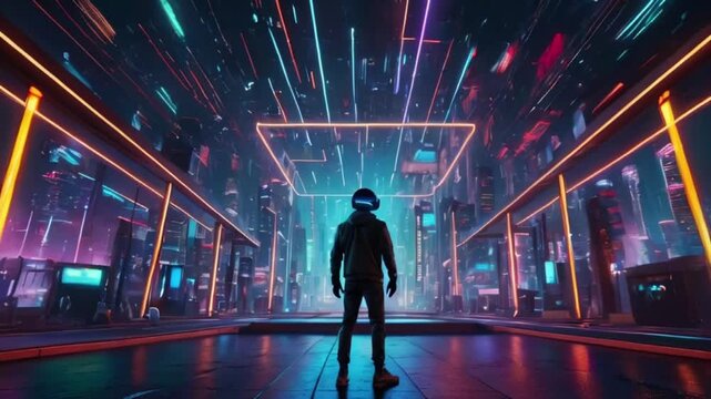 Metaverse of future technology. Metaverse of education and learning. Metaverse of communication. Men enter the world of metaverse technology. Seamless 4K looping timelapse video animation generated AI