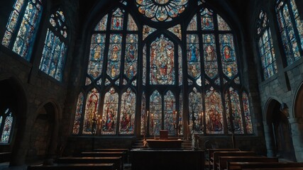 castle chapel with stained glass background vintage retro concept backdrop