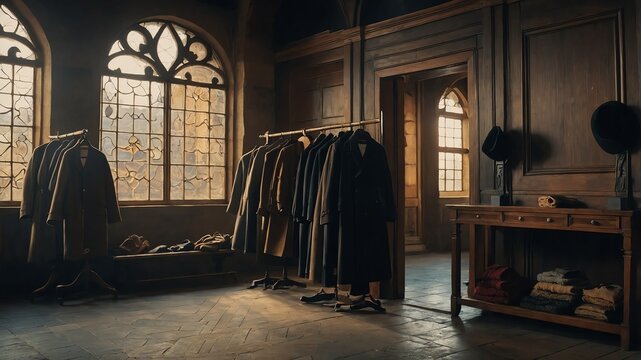 castle cloakroom with coats background vintage retro concept backdrop
