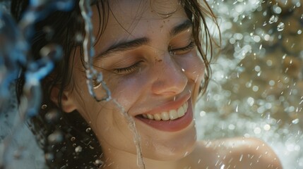 Obraz premium A woman delightfully smiles, her face bathed in sunlight while enjoying a refreshing splash of water, conveying pure joy and tranquility.