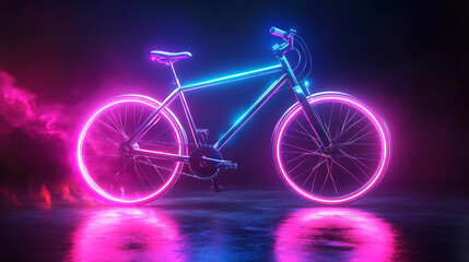 Fototapeta premium Futuristic Pedal Bicycle with Minimalist Design in Aluminum, Set against a Photo Studio Background with Neon Lighting. Captured in 4K Hyper Realism, Showcasing Excellent Detail and Sleek Aesthetics