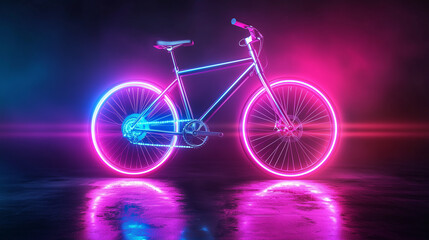 Fototapeta premium Futuristic Pedal Bicycle with Minimalist Design in Aluminum, Set against a Photo Studio Background with Neon Lighting. Captured in 4K Hyper Realism, Showcasing Excellent Detail and Sleek Aesthetics