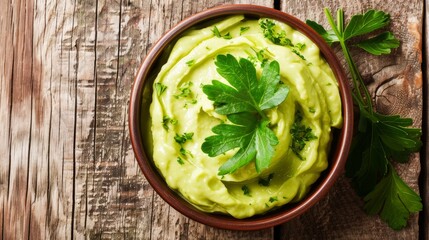 Obraz premium A bowl filled with creamy avocado dip garnished with fresh parsley sits on a rustic wooden table.