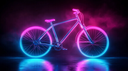 Fototapeta premium Futuristic Pedal Bicycle with Minimalist Design in Aluminum, Set against a Photo Studio Background with Neon Lighting. Captured in 4K Hyper Realism, Showcasing Excellent Detail and Sleek Aesthetics