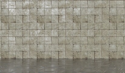 Metal floor background and metal wall. Shiny metal scene. 3D illustration.