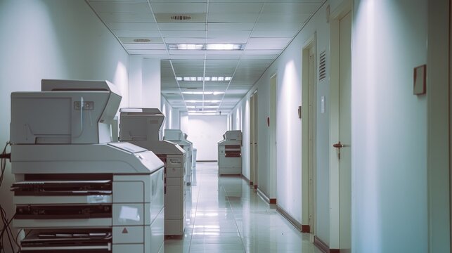 An empty hallway in an office building lined with copiers and printers, illuminated by fluorescent lights, creating a sterile and monotonous atmosphere.