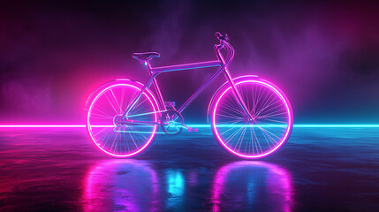 Fototapeta premium Futuristic Pedal Bicycle with Minimalist Design in Aluminum, Set against a Photo Studio Background with Neon Lighting. Captured in 4K Hyper Realism, Showcasing Excellent Detail and Sleek Aesthetics