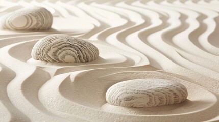 Naklejka premium Smooth stones on raked sand in peaceful Zen garden setting