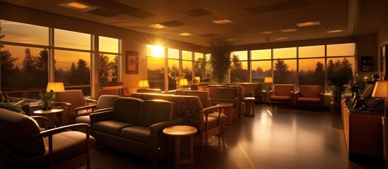Fototapeta premium Sunset Lounge with Warm Lighting and Window Views