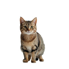 Obraz premium A cat with a white belly and black stripes sits on a white background. The cat has a curious expression on its face