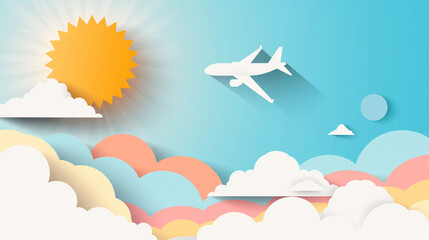 Vector layered sky, fluffy clouds, sun, plane flying over the clouds. Worldwide travel, air flight, time to travel concept for web banner, website page etc. Hand drawn 