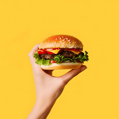 burger in hand on yellow background