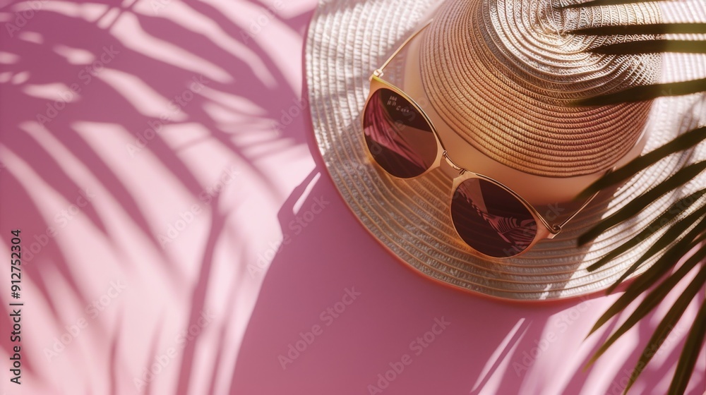 Canvas Prints A sunhat and sunglasses create a summery vibe, casting intricate shadows on a pink background to evoke a sense of warmth and relaxation.