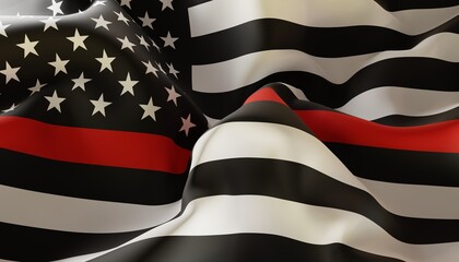 Thin Red Line. Firefighter Flag. Remembering, memories on fallen fire fighters officers on duty. 3d-rendering