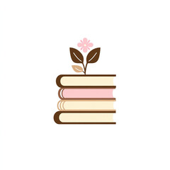 Fantasy-Inspired Book Stack Logo, Beige and Brown Hues with Pink Accents, White Background Vector Illustration

