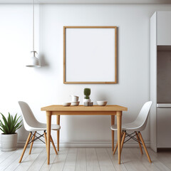 Modern Dining Area with Single Empty Frame Mockup and Wooden Furniture