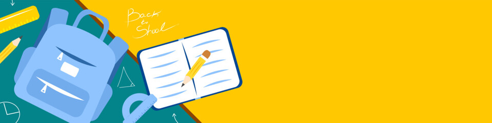 Back to school concept. Chalkboard with school supplies. Green school board on yellow background. Vector illustration EPS 10