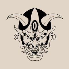 Hand drawn traditional tattoo of a Japanese oni mask outline 6